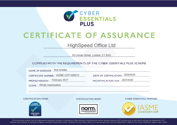 hSo Cyber Essentials Plus Certificate