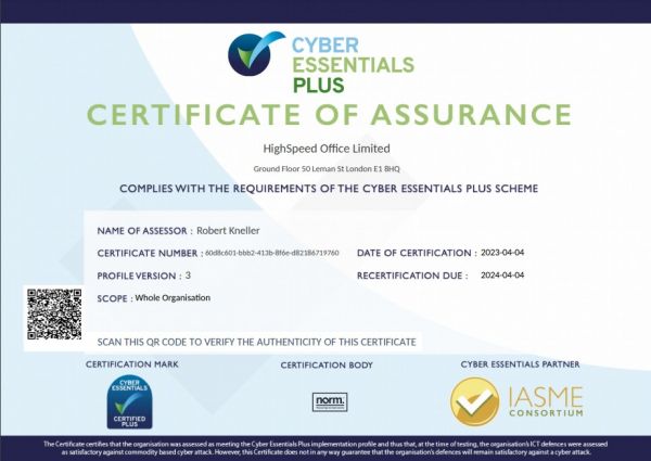 hSo Cyber Essentials Plus Certificate